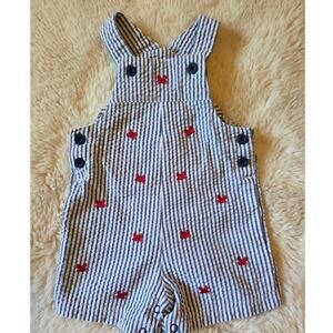 Blue and White Pinstripe Seersucker Shortall w Embroidered Red Crab by Little Me